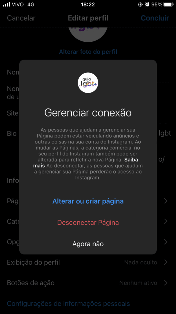 O Instagram te dá a opção para conectar a página ou criar uma nova